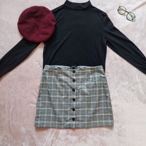 Plaid Button-Front Mini Skirt in Gray and Yellow